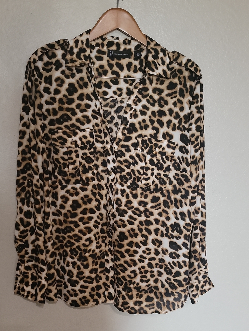New York & Company Leopard Print Button-Up Shirt in Beige Black